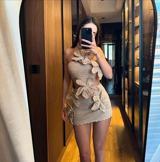 Crocheted Flower Halter Neck Cutout Mini Dress