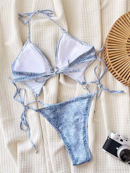 Denim Print Cut-Out O-Ring Monokini Swimsuit