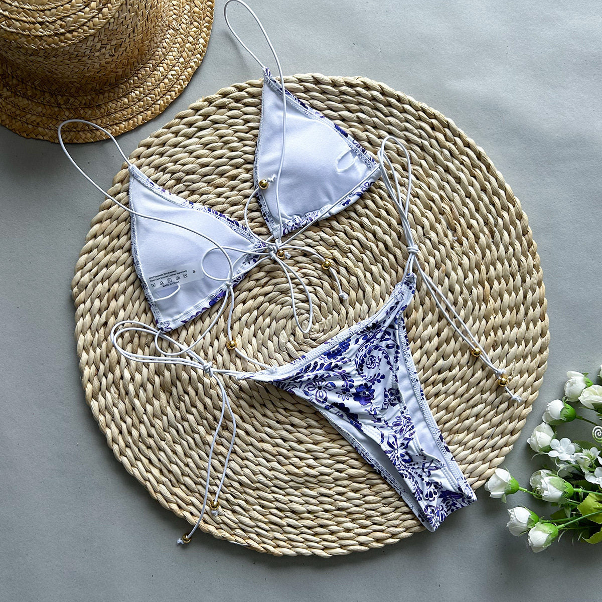 Blue Floral Paisley String Bikini Set with Gold Beads