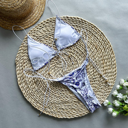 Blue Floral Paisley String Bikini Set with Gold Beads