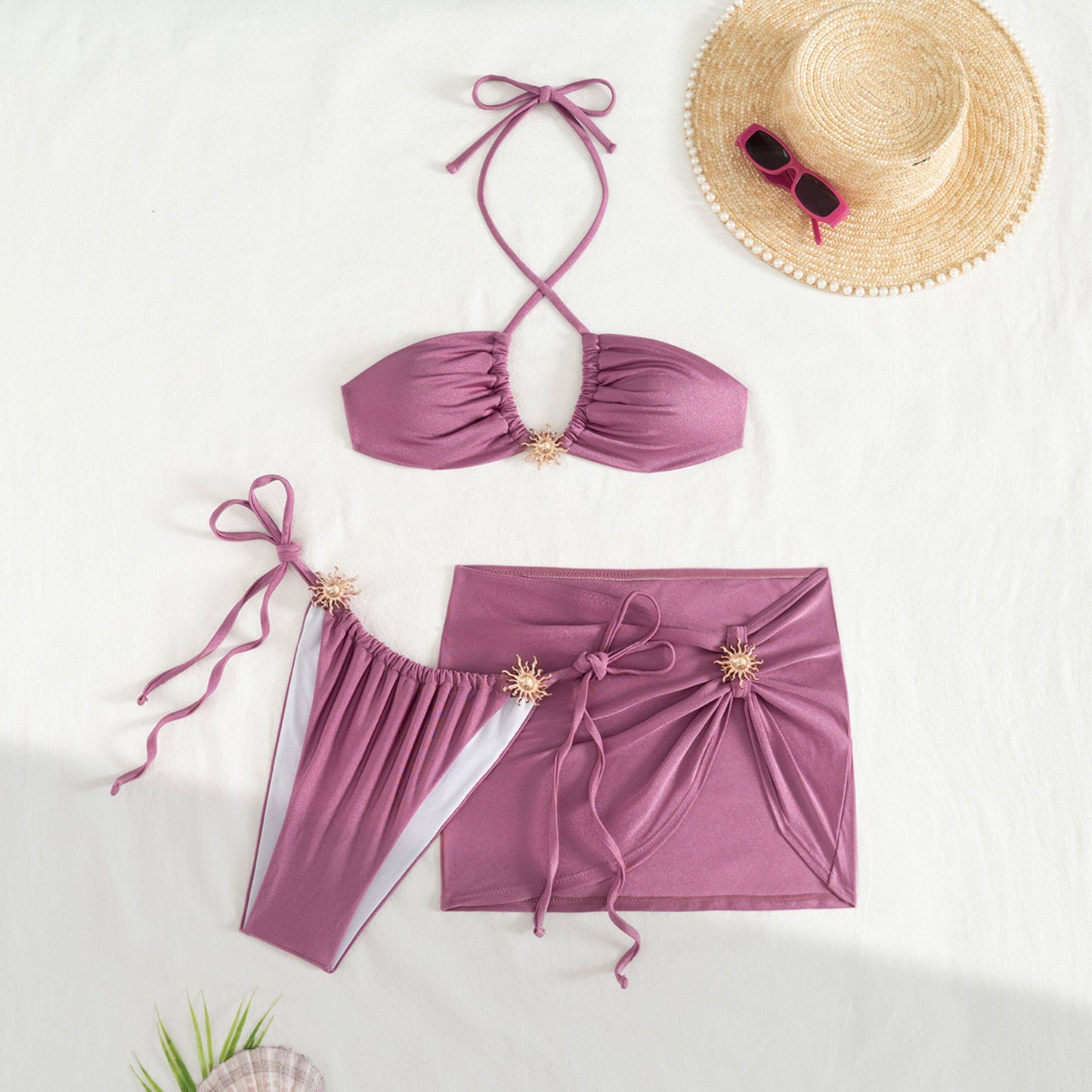 Mauve Shimmer Halter Bikini and Sarong 3-Piece Set