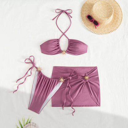 Mauve Shimmer Halter Bikini and Sarong 3-Piece Set