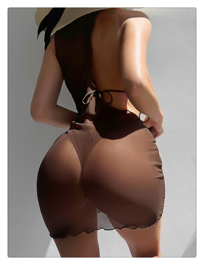 Brown Mesh Cut-Out Bikini and Cover-Up Dress Set