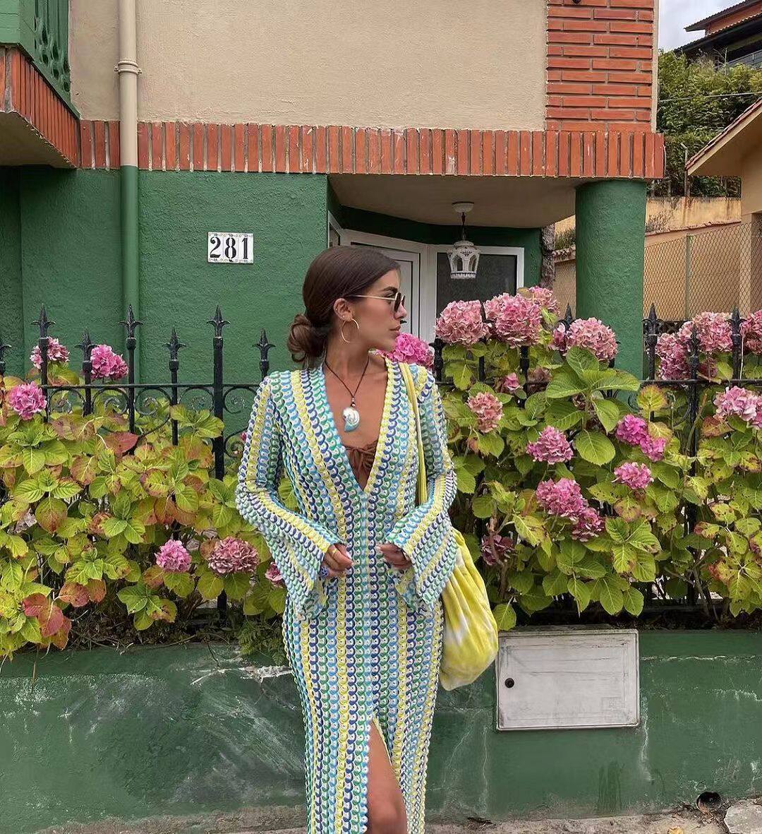 Crochet Stripe V-Neck Maxi Dress with Bell Sleeves