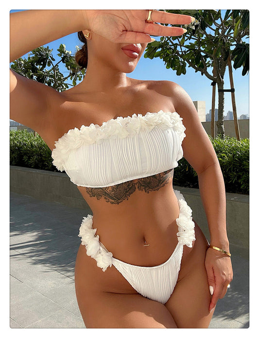 Floral 3D Applique Pleated Bandeau Bikini Set