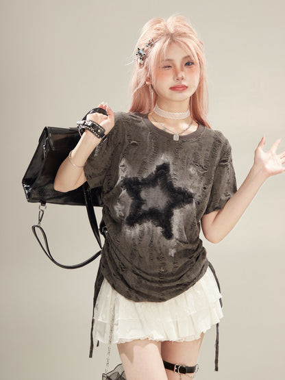 Distressed Star Graphic Grunge Gray T-Shirt