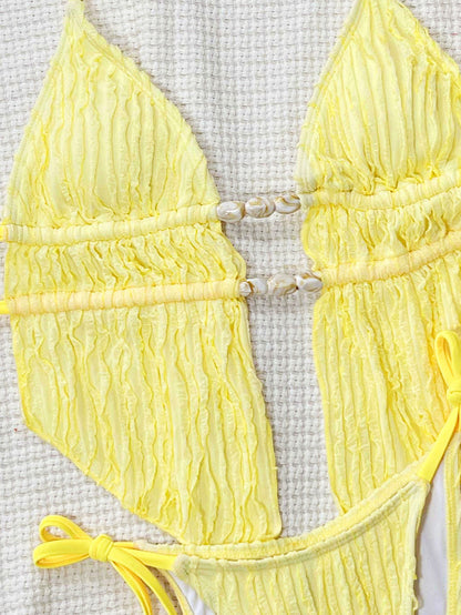 Yellow Textured Peplum Tankini with Stone Detail