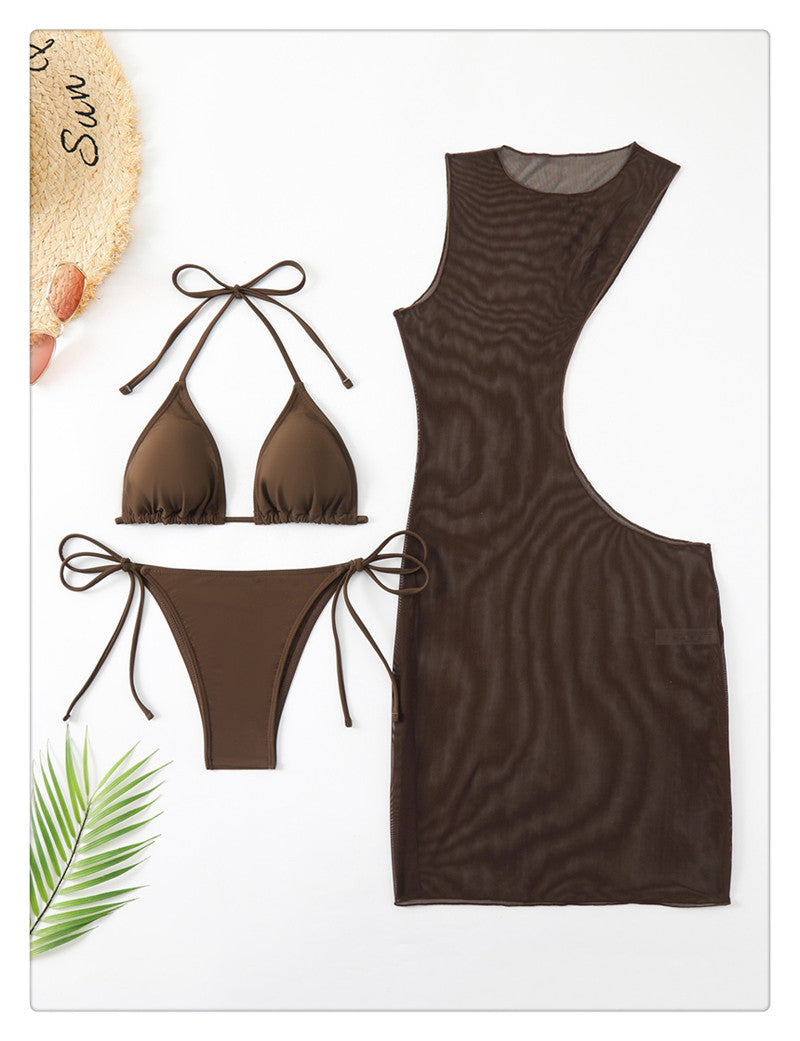 Brown Mesh Cut-Out Bikini and Cover-Up Dress Set
