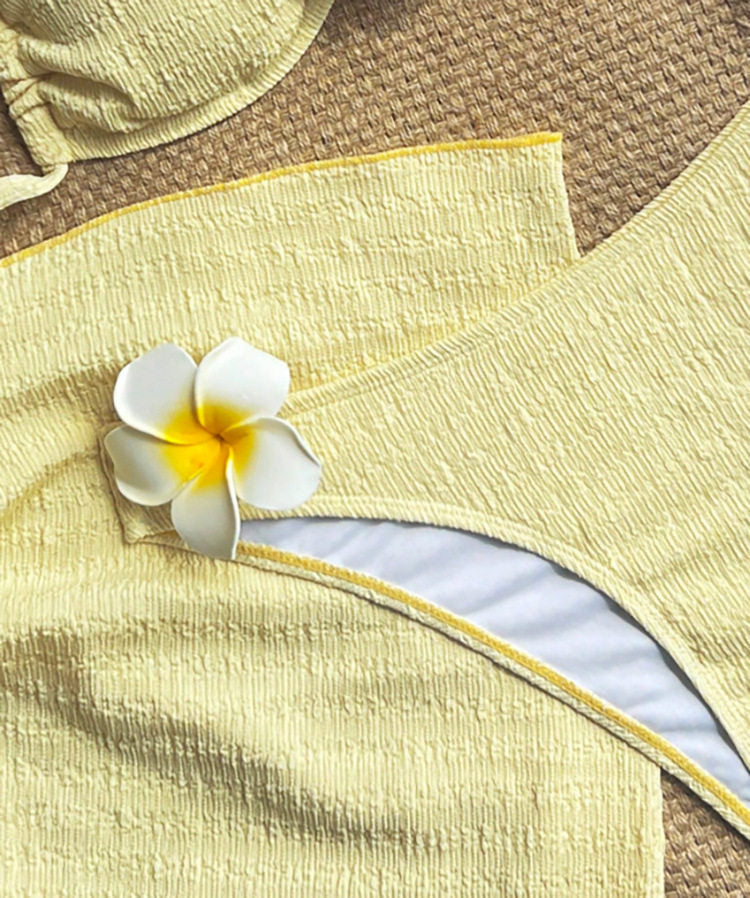 Floral Accents Yellow Textured 3-Piece Bikini Set