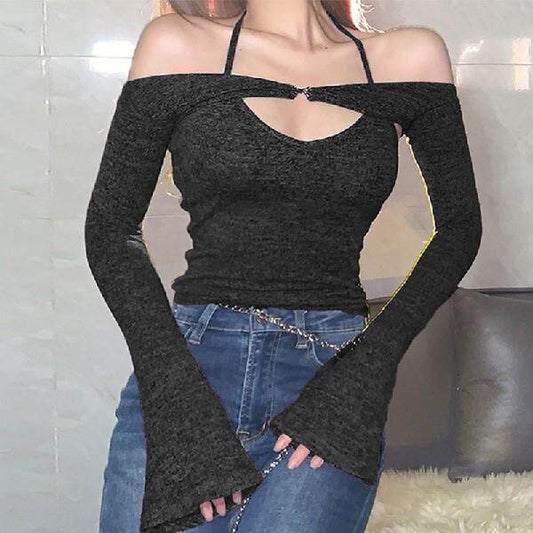 Charcoal Halter Off-Shoulder Flared Sleeve Top