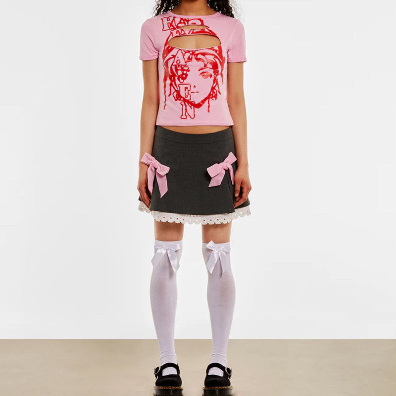 Anime Graphic Cut-Out Pink Baby Tee