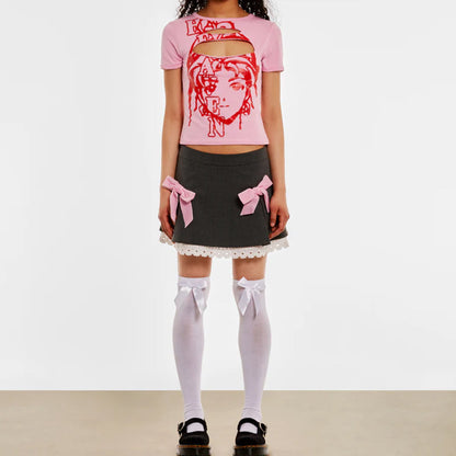 Anime Graphic Cut-Out Pink Baby Tee