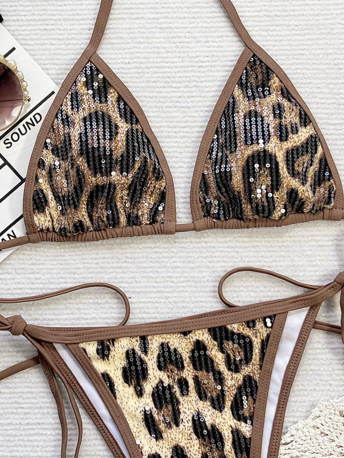 Leopard Print Halter String Triangle Bikini Set