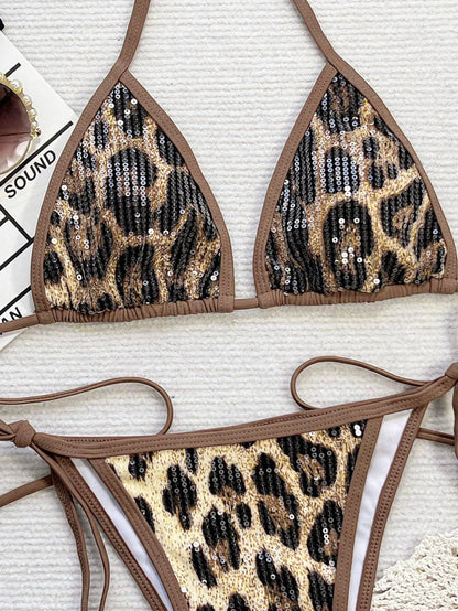 Leopard Print Halter String Triangle Bikini Set