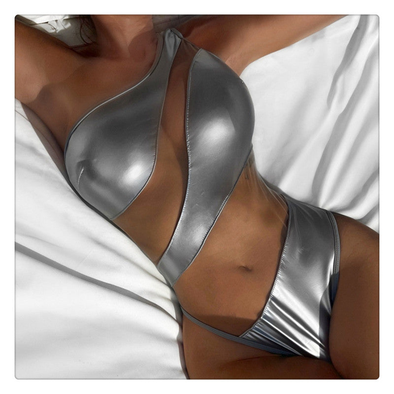 Metallic Silver Cutout One Shoulder Monokini