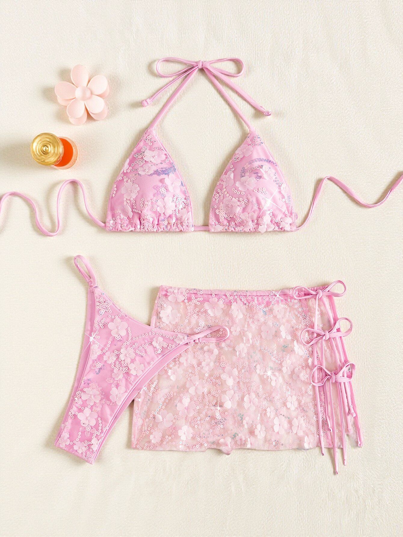 Pink Floral Sequin Bikini with Matching Sarong