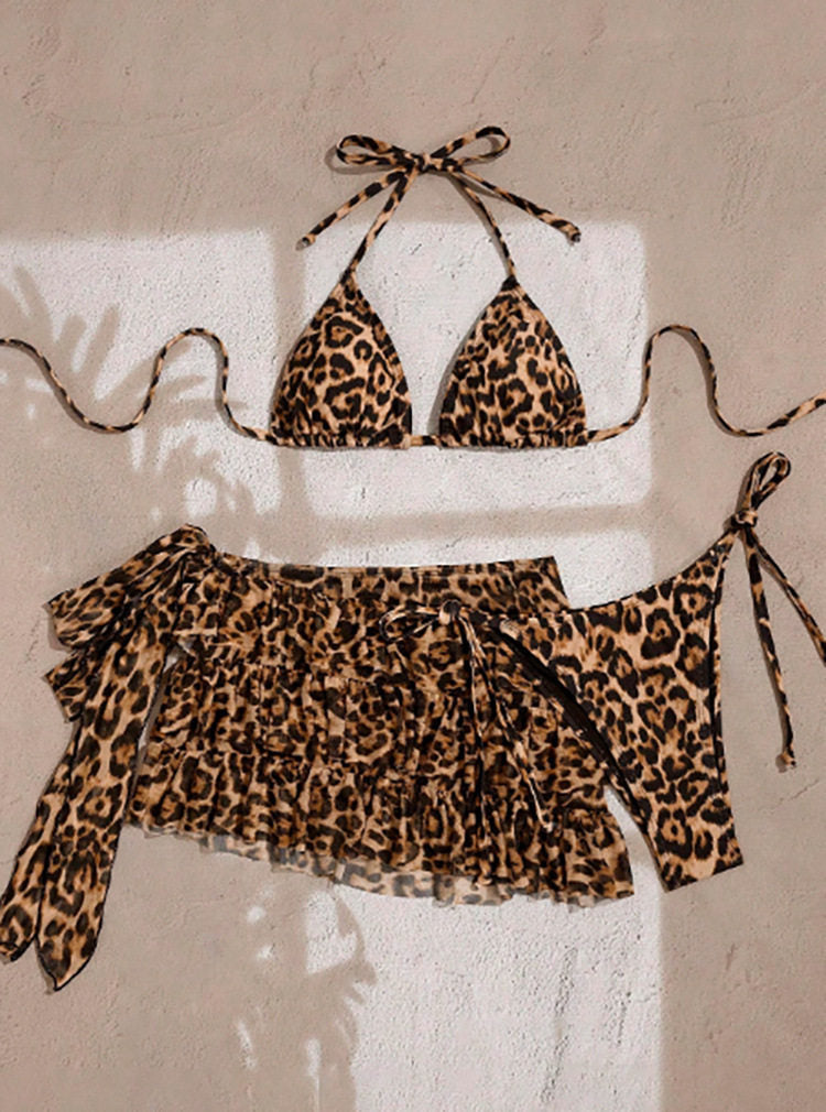 Leopard Print Halter Bikini with Ruffled Skirt Set