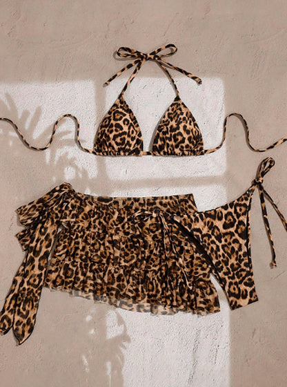 Leopard Print Halter Bikini with Ruffled Skirt Set