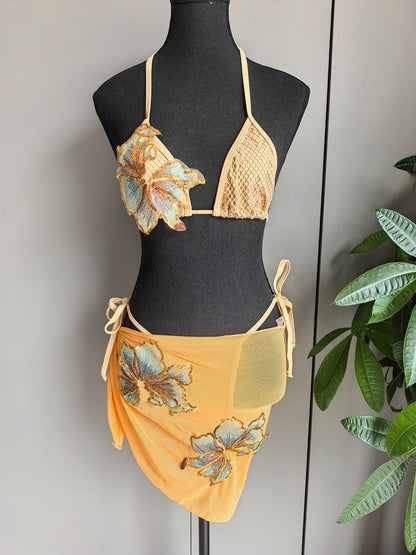 Sequin Floral Bikini and Mesh Sarong 3-Piece Set