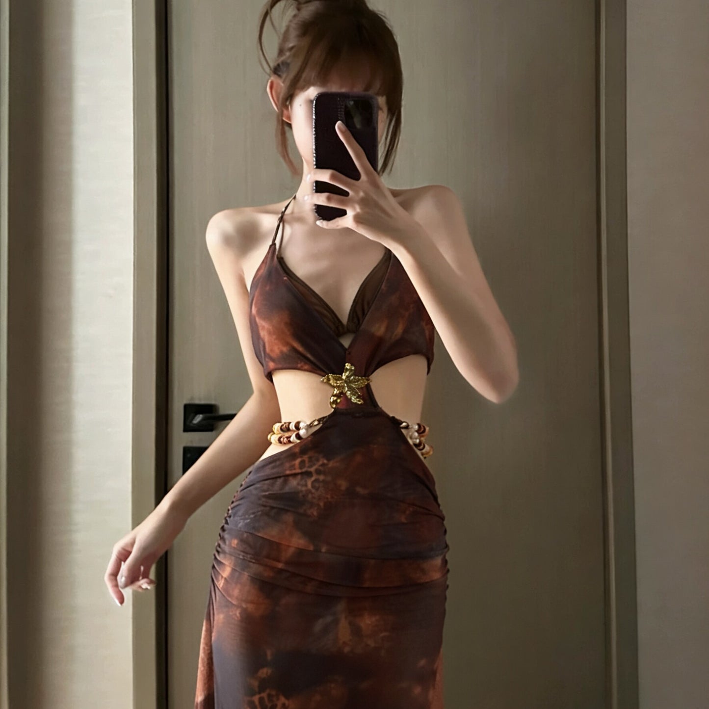 Floral Cut-Out Ruched Mesh Maxi Beach Dress