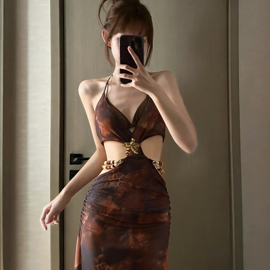 Floral Cut-Out Ruched Mesh Maxi Beach Dress
