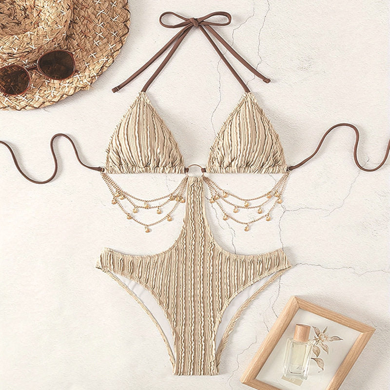Textured Gold Monokini with Chain and Charm Detail