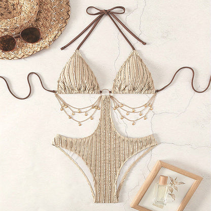 Textured Gold Monokini with Chain and Charm Detail