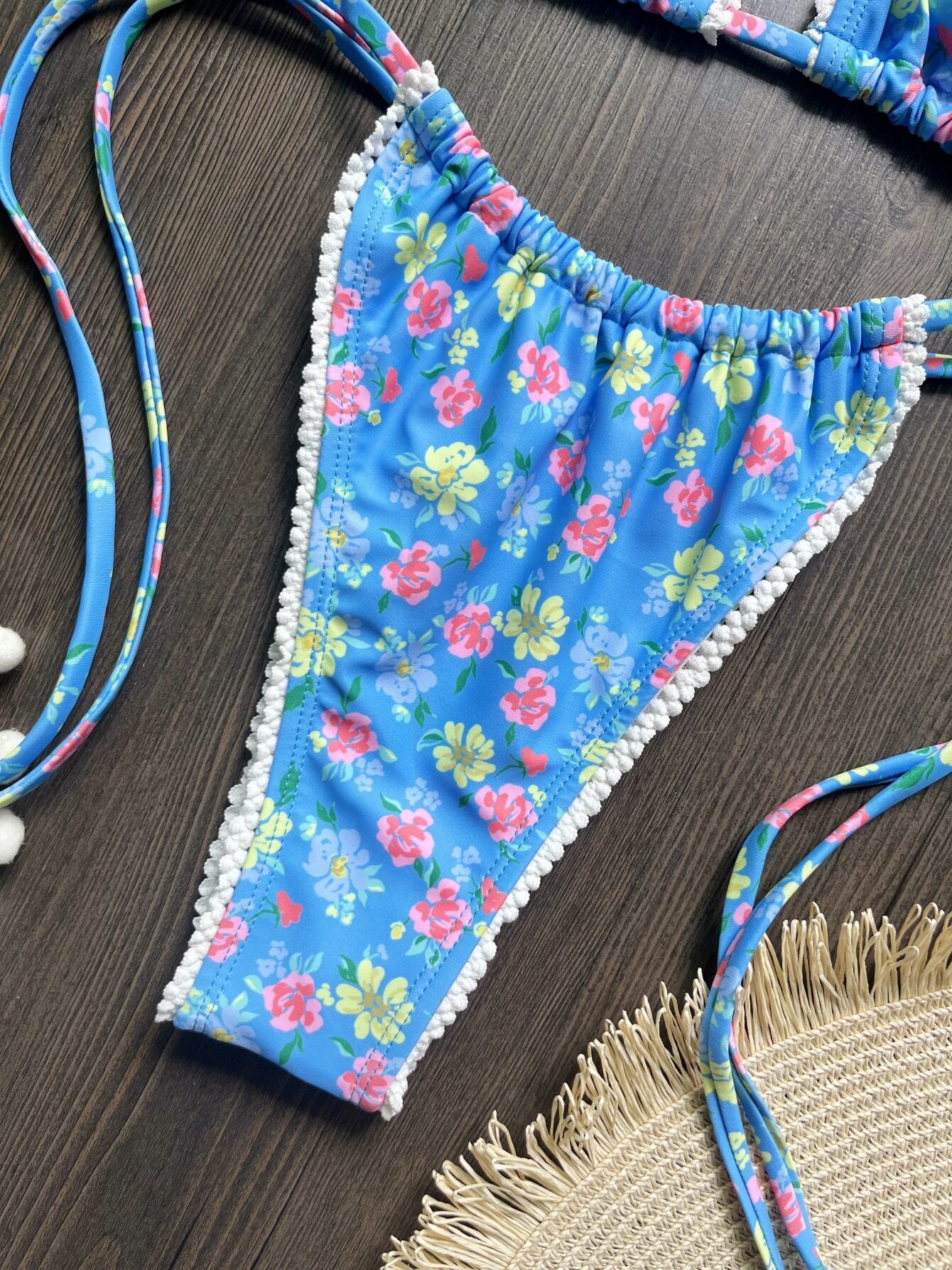 Floral Lace Trim Bow Triangle Bikini Set