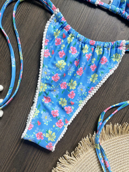 Floral Lace Trim Bow Triangle Bikini Set