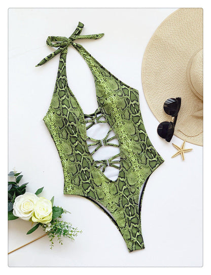 Lime Snakeskin Cut-Out Halter One Piece