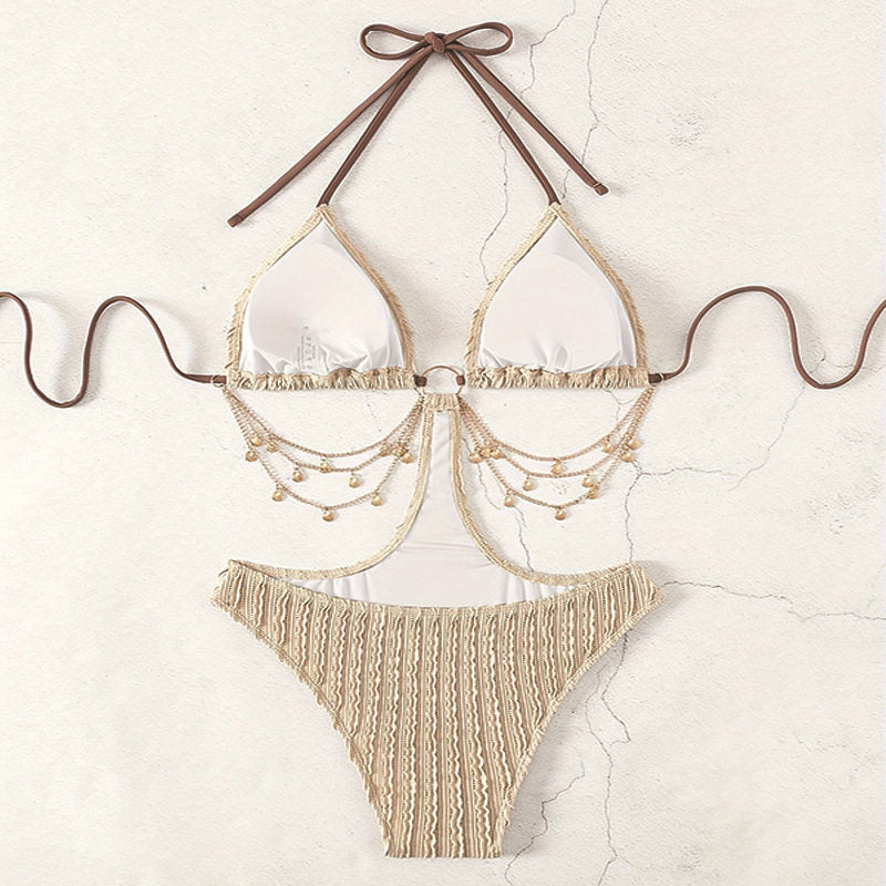 Textured Gold Monokini with Chain and Charm Detail