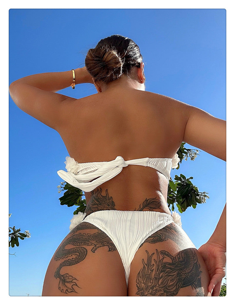 Floral 3D Applique Pleated Bandeau Bikini Set