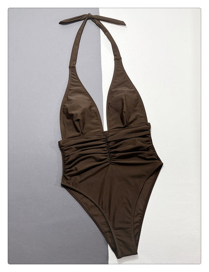 Espresso Ruched Halter Plunge One Piece