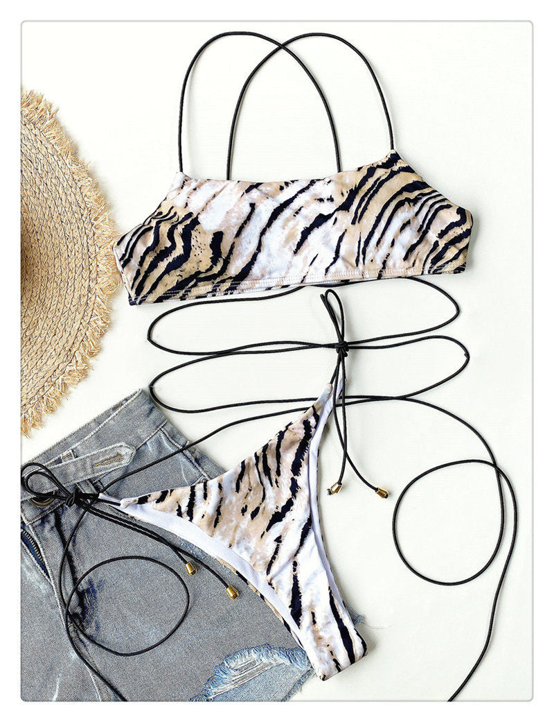Tiger Print Wrap-Around Bikini Set