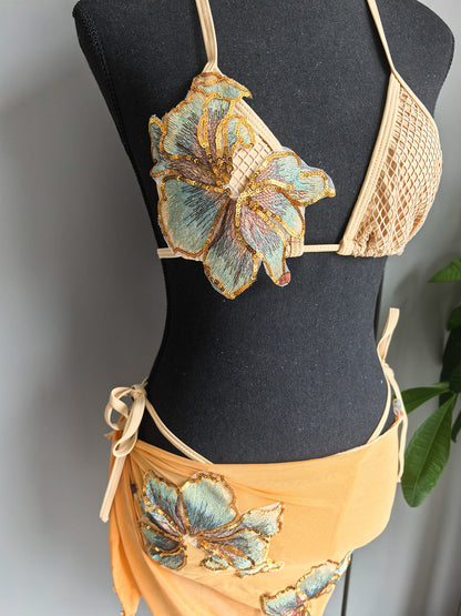 Sequin Floral Bikini and Mesh Sarong 3-Piece Set
