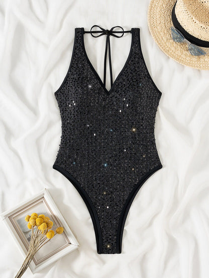 Sparkly Sequin High-Cut One-Piece Swimsuit