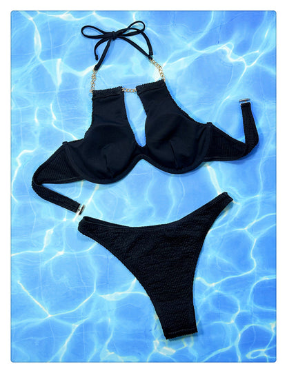 Black Ribbed Keyhole Bikini with Gold Chain Detail