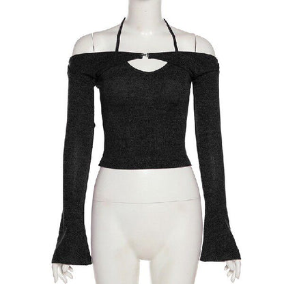 Charcoal Halter Off-Shoulder Flared Sleeve Top