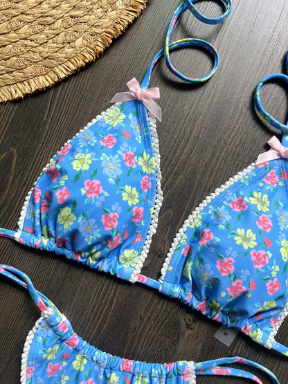 Floral Lace Trim Bow Triangle Bikini Set