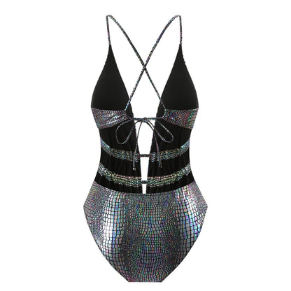 Metallic Holographic Snakeskin Cut-Out Swimsuit