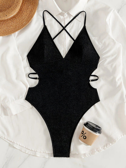 Ribbed V-Neck One-Piece Swimsuit in Classic Black