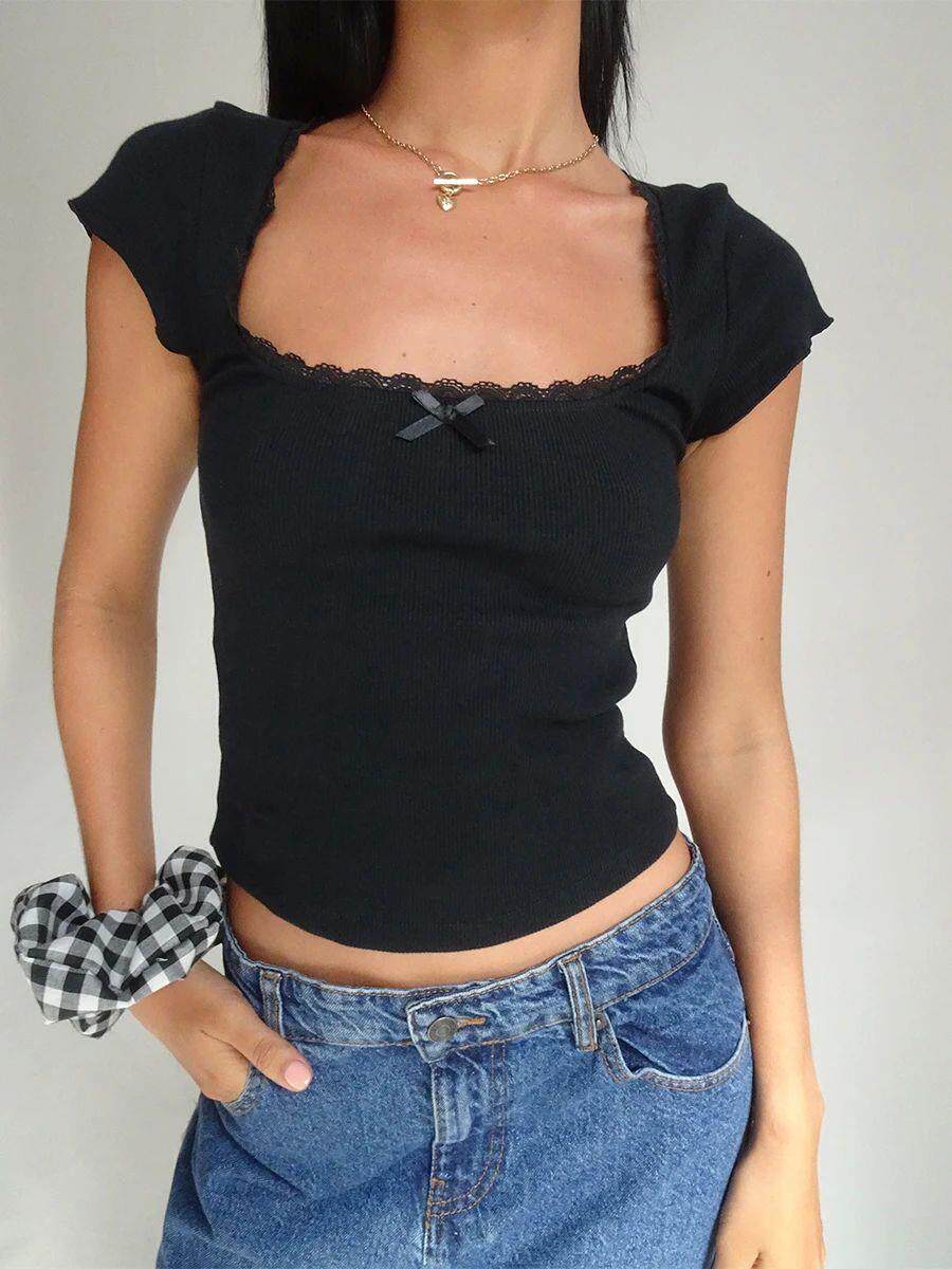 Black Lace Trim Ribbed Bow Accent Baby Tee