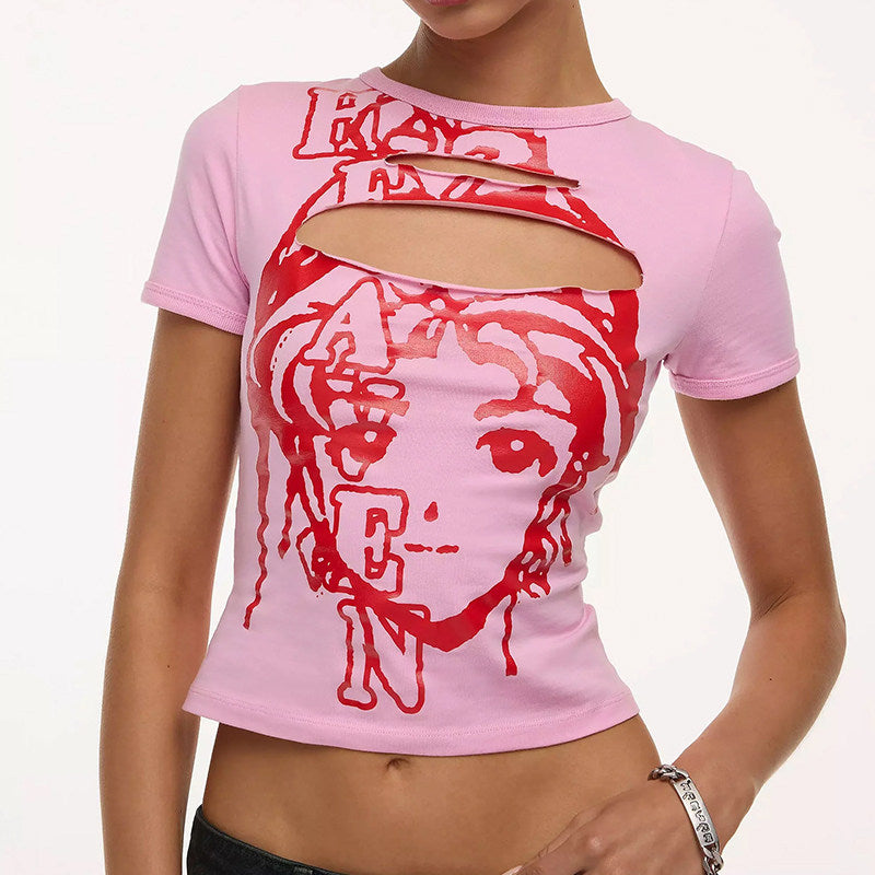 Anime Graphic Cut-Out Pink Baby Tee