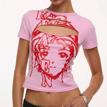 Anime Graphic Cut-Out Pink Baby Tee