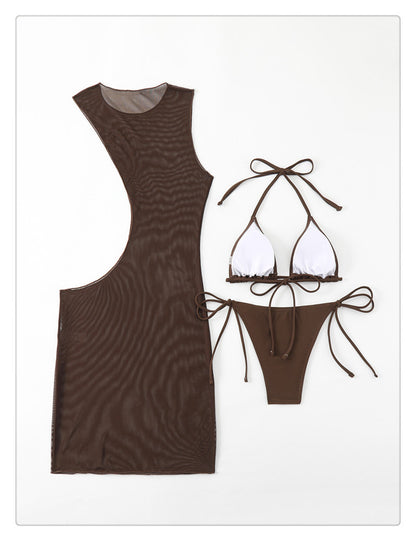 Brown Mesh Cut-Out Bikini and Cover-Up Dress Set