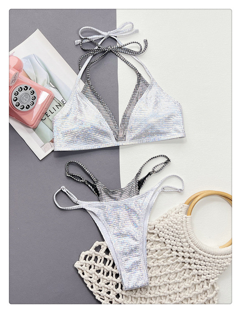 Silver Glitter Two-Tone High Leg Bikini Set