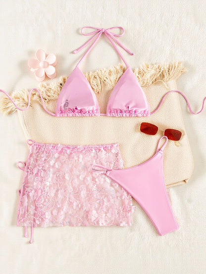 Pink Floral Sequin Bikini with Matching Sarong