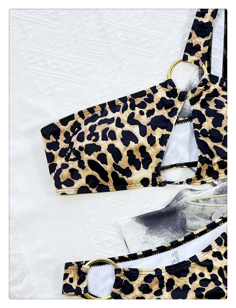 Leopard Ring Detail Cut-Out One-Shoulder Bikini