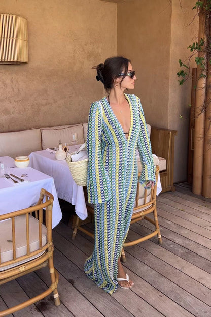 Crochet Stripe V-Neck Maxi Dress with Bell Sleeves