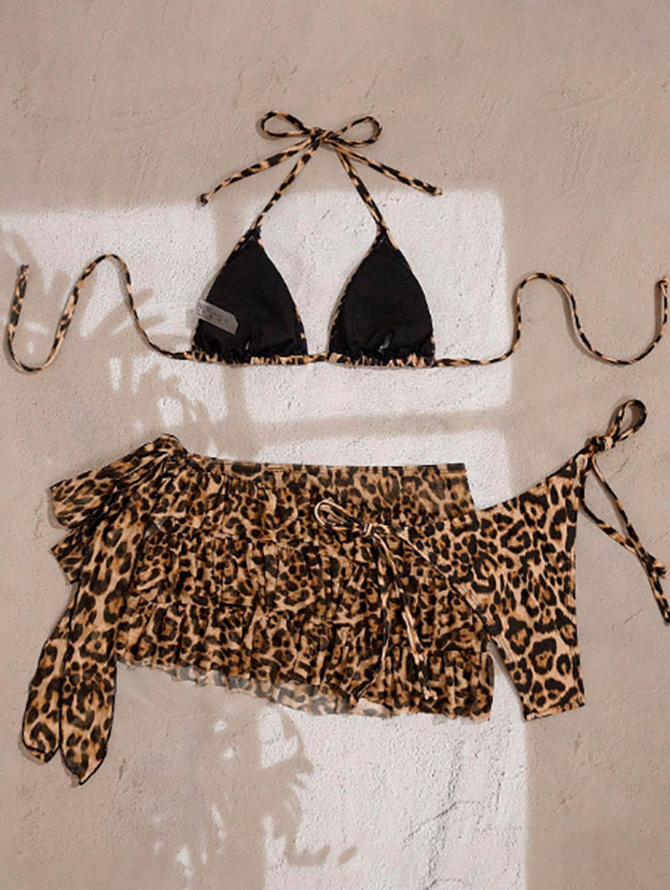 Leopard Print Halter Bikini with Ruffled Skirt Set